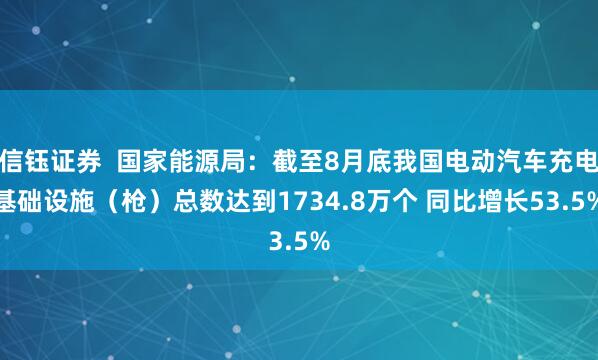 信钰证券  国家能源局：截至8月底我国电动汽车充电基础设施（枪）总数达到1734.8万个 同比增长53.5%